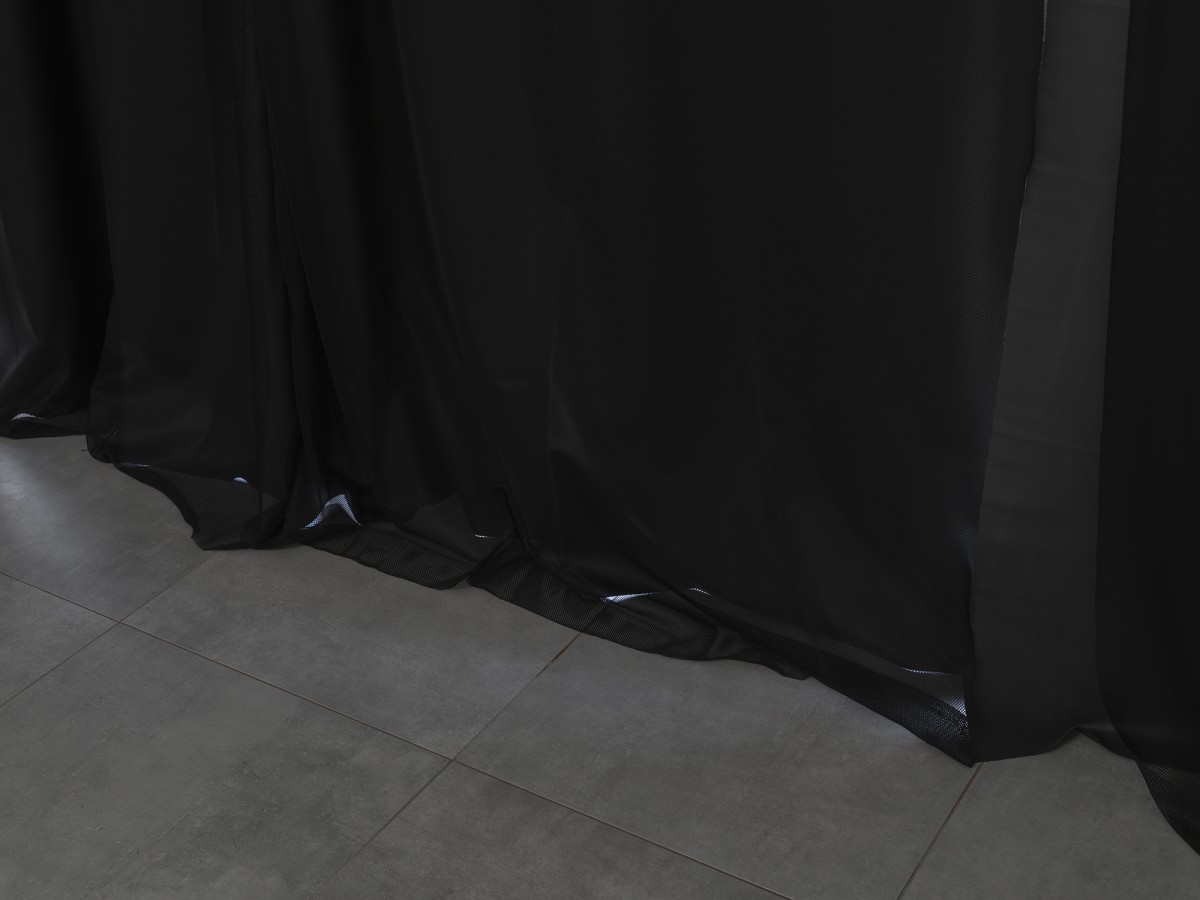Alessandro Di Pietro, Blackout Curtain, 2022, Benbekula fabric, nylon net, iron, 327 x 350 cm