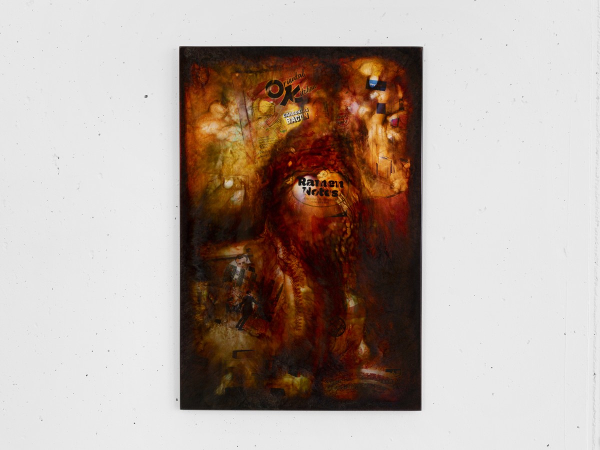 Kim Farkas, 23-06, 2023, custom epoxy dirty pour over UV print on aluminium composite panel, 60 x 39 cm