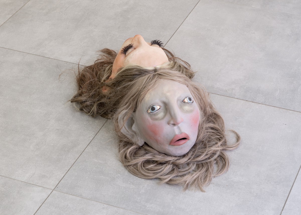 Clément Garcia-Le Gouez, Guest atone fatiguée, 2022 and Guest tiktokeuz endormie, 2021, glazed stoneware, wig, lipgloss and coloured stoneware, make-up and false eyelashes - All Stars Lausanne